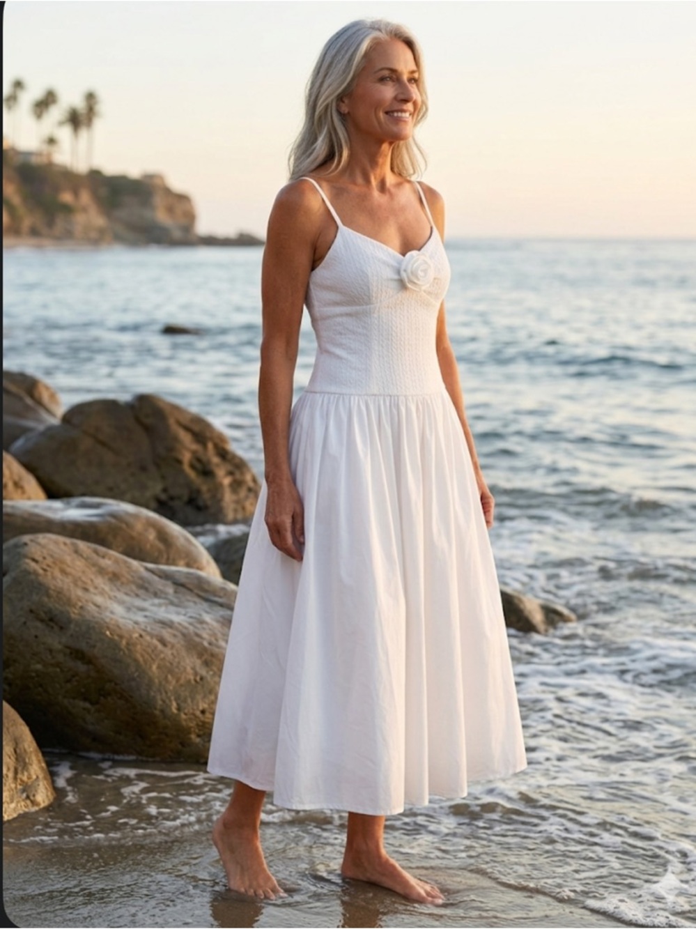 Avec Les Filles White Rosette Mixed Media Midi Dress Size L NWT